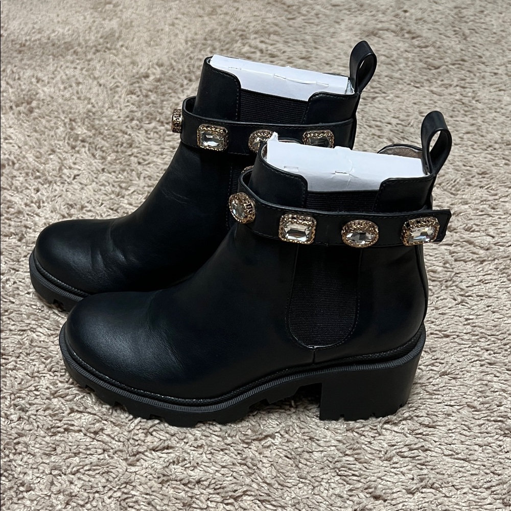 Steve Madden Black Ankle Boots with Gold Embellishments